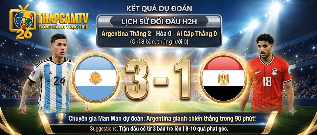 Chuyên gia BLV Man Man của Thapcamtv dự đoán tỷ số 3-1 nghiêng về Argentina trước Ai Cập, kèm theo thống kê lịch sử đối đầu chi tiết giữa hai đội tuyển.