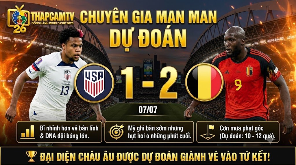 Chuyên gia Man Man dự đoán tỷ số 1-2 nghiêng về đại diện châu Âu trong trận Mỹ vs Bỉ, kèm các chỉ số phân tích kịch bản bàn thắng và phạt góc chi tiết.
