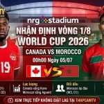Ảnh bìa nhận định trận Canada vs Morocco vòng 1/8 World Cup 2026, với Alphonso Davies và Achraf Hakimi trên nền sân vận động NRG, cùng logo Thapcamtv và các box dữ liệu nhanh.