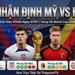 Ảnh bìa nhận định chuyên môn trận đấu giữa Mỹ vs Bỉ tại vòng 1/8 World Cup 2026, nổi bật với Christian Pulisic và Kevin De Bruyne cùng thống kê phong độ trên ThapcamTV.